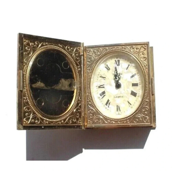 Vtg Europa Germany 2 Jewel Wind Up Book Alarm Clock W/ Photo Holders Working - Picture 1 of 5